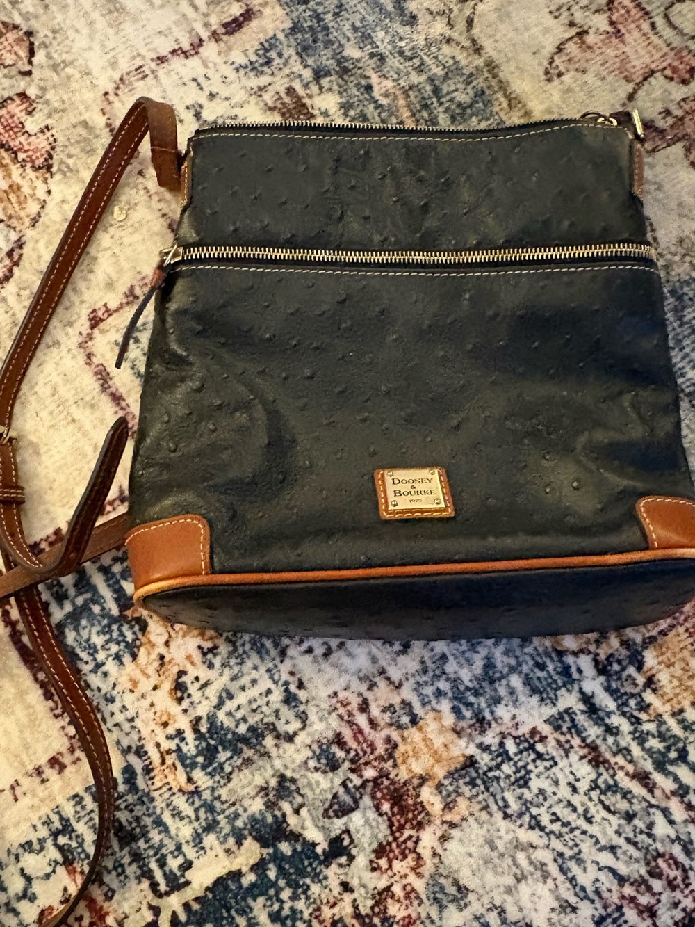 Dooney & Bourke Black Crossbody Bag with Tan Trim pebble ostrich
